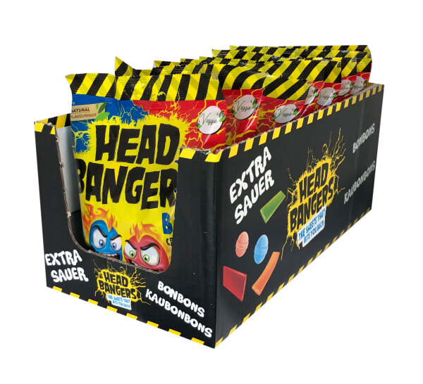 Display Komplett Head Bangers Crazy Sour 10x Zungenfärber Hard Balls Mix Himbeere & Erdbeere, im Beutel – vegan