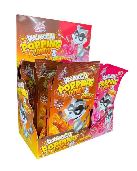 Display Komplett Rackooon Lolly & Popping Candy 24 Beutel mit Lutscher und Pulver einzeln verpackt