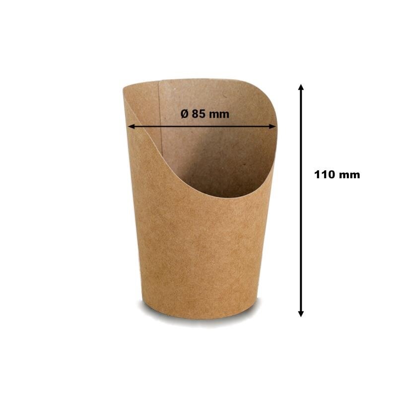 Snackbecher aus Papier Braun 1000 Stück hinten: 10 cm / vorne: 5,5 cm oben Ø 8,5 cm / unten Ø 6 cm