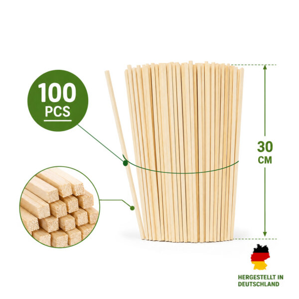 100 Zuckerwattestäbe 30 cm aus Kiefernholz 4 x 4 mm...