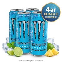 Bundle 4x Monster Energy Ultra Blue Hawaiian 473 ml – Tropischer Fruchtgeschmack – Zuckerfreier Energy Drink aus den USA