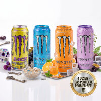 Monster Energy USA Probierpaket 4er-Bundle – 4 Sorten × 473 ml – Sunrise, Wild Passion, Blue Hawaiian & Voodoo Grape