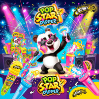 Display komplett 12x Johny Bee Pop Star Dipper – Mikrofon Lutscher mit saurem Brausepulver zum Dippen | 12 × 35 g = 420 g | Süßigkeiten für Kindergeburtstag, Party & Mitgebsel