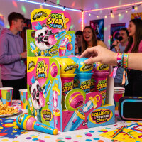Display komplett 12x Johny Bee Pop Star Dipper – Mikrofon Lutscher mit saurem Brausepulver zum Dippen | 12 × 35 g = 420 g | Süßigkeiten für Kindergeburtstag, Party & Mitgebsel