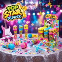 Display komplett 12x Johny Bee Pop Star Dipper – Mikrofon Lutscher mit saurem Brausepulver zum Dippen | 12 × 35 g = 420 g | Süßigkeiten für Kindergeburtstag, Party & Mitgebsel