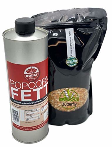 Popcornset Butterfly Popcorn Fett Popcorn Öl 1 Liter Halbflüssig mit Beta Carotin Plus 1 Kg Premium Kinopopcorn