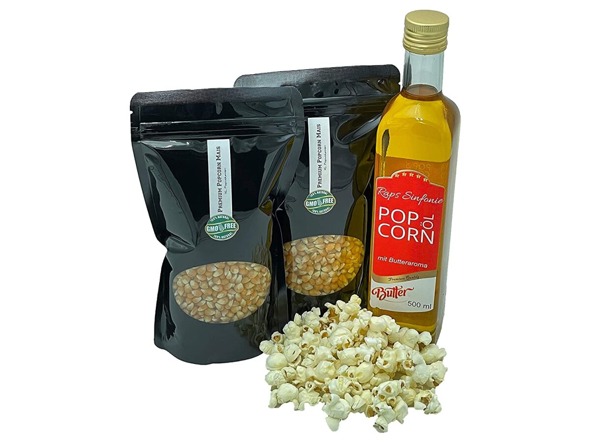 Hopser Funfood Kino-Popcorn Set – 2 x 500 g Premium Popcornmais & 500 ml Popcorn Öl mit Butter Aroma