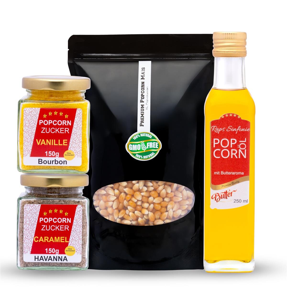 Hopser Funfood Popcorn-Set – 500g Premium-Popcornmais, 250ml Butteraroma-Öl & je 150g Vanille- und Karamellzucker