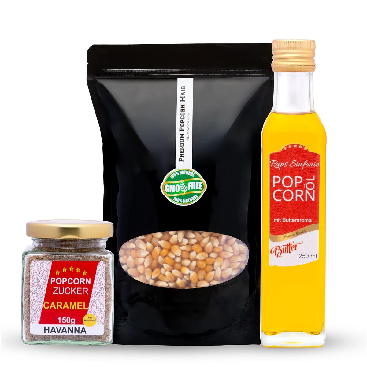 Hopser Funfood Popcorn Set – 500g Premium Popcornmais, 250ml Butteraroma Öl & 150g Karamellzucker